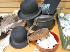 Vintage hat box, two bowler hats by Vadum & Moss Bros and a boater etc