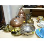 Parcel of copper and brassware including hotwater bottles, white metal quaich etc