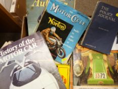 Box containing old editions of 'Hobbies Weekly', 'The Autocar', 'The Motorcycle' and similar era