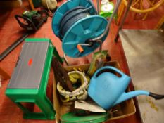 Box of garden items - watering can, kneeling stool etc and a hose reel on trolley