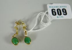 A pair of 18ct gold jade & diamond earrings, estimated total diamond weight 0.25cts, hallmarked