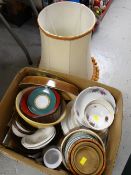 Box of household china & kitchenware, Portmeirion plates, Denby mug etc