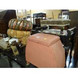 A parcel of furniture to include piano stool, footstools, Lloyd Loom basket, North African leather &