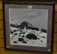 Framed Sir Kyffin Williams RA print of farmer & dogs in snow