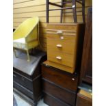 Two modern three-drawer bedroom chests together with a Loom-style bedroom chair & a wicker chair