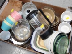 Box of various kitchen ware including Pyrex bowls, ramekins etc