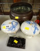 A Chinese bronze planter, carved panels & a pair of Chinese lidded food bowls