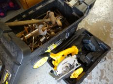 A cased DeWalt circular saw together with a trolley box of various hand tools E/T
