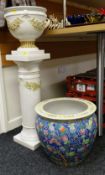 A large ceramic & decorated jardiniere together with a large brightly coloured Chinese ceramic