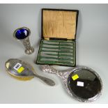 Cased set of six hallmarked silver handled butter knives, hallmarked silver hairbrush, believed