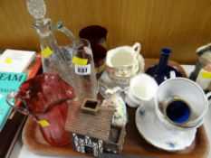 Tray of glassware & teaware including cranberry etc