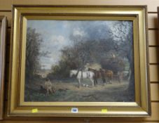 Oil on board - horses & hay cart in country lane, signed with initials T K