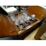A quality reproduction mahogany & inlaid cantilever drinks cabinet with contents