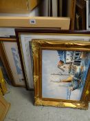 Modern gilt framed oil on canvas, French fishing port, framed embroideries etc
