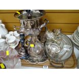 Tray of EPNS including champagne bucket, claret jug, part-teaset etc