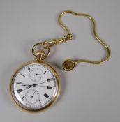 An 18ct yellow gold Swiss chronograph pocket-watch with button-wind movement, the circular white