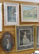 Framed watercolour of an Italian river bridge together with a framed pastel continental street scene