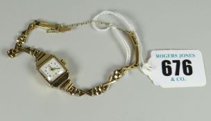 9ct gold ladies wristwatch on 9ct gold strap, 12.9grms approx.
