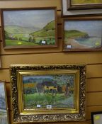 Two framed mid-twentieth century oils on board together with a coastal scene, signed & a framed