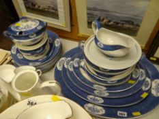 Vintage Staffordshire blue & white 'Yang-Tse' dinnerware including platters & covered tureens etc