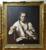 Large gilt framed oil on canvas of a seated female AFTER REMBRANDT, initialled & dated '79