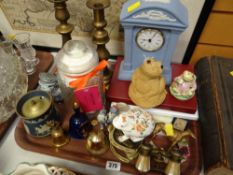 Tray of mixed china & ornaments, Beswick Beatrix Potter figure, Wedgwood Jasperware clock, Aynsley