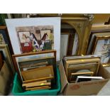 Two boxes of mainly framed prints, two gilt gesso frames, unframed ALEX CLARK comedy horse print
