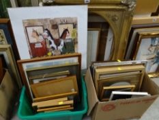 Two boxes of mainly framed prints, two gilt gesso frames, unframed ALEX CLARK comedy horse print