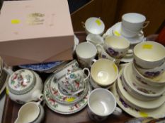 A tray of various patterned teaware, boxed Leonardo collection, cup & saucer etc