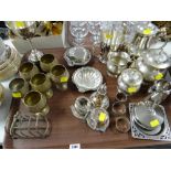 Tray of metalware including EPNS teaset, tankard etc