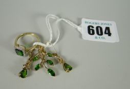 9ct gold emerald & diamond ring together with a pair of emerald 9ct gold drop earrings & pendant,