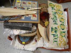 A crate of various linen & embroidery items