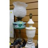 A good brass column & painted glass reservoir oil lamp together with a marble table lamp base