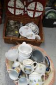 Vintage wash bowl, planters etc together with a vintage wicker picnic basket