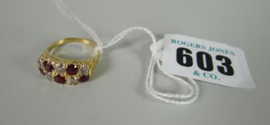 18ct gold double row diamond & ruby ring, visual estimate is 0.4ct, 5grms approx.