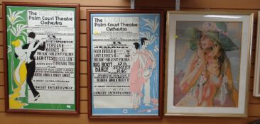 Two framed vintage Palm Court Theatre Orchestra posters together with a framed cross stitch