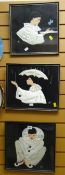 Three framed silk work Pierrot figures