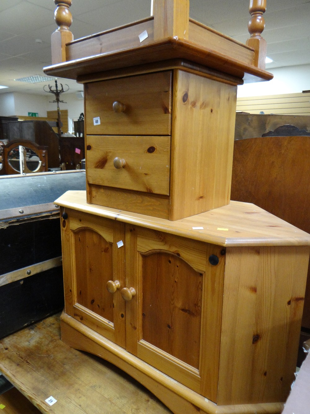 Parcel of pine including corner cupboard, entertainment stand, table & drawers etc