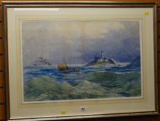 Framed watercolour, signed W WHITBY, dated 1888 of boats on a rough sea in Swansea Bay with Mumble