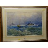 Framed watercolour, signed W WHITBY, dated 1888 of boats on a rough sea in Swansea Bay with Mumble