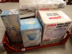 Crate of mainly boxed household electrical items including facial sauna, weighing scales, Tefal