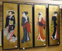 Four wooden & lacquered hanging wall panels depicting Japanese ladies