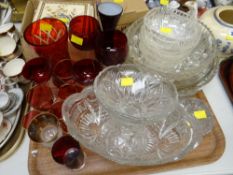 Tray of clear & ruby glassware including vases, drinking glasses etc