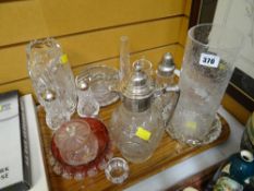 Tray of glassware including Waterford crystal salt & pepper shaker, a glass & EPNS claret jug, vas
