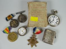 Four WWI medals relating to Lance Corporal M Roberts together with allied playing cards, two