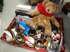 Crate of mixed china & collectables including Welsh rugby ball money box, Frasier bear etc