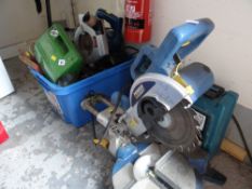 A parcel of electrical tools including a chop saw, Makita drill, circular saw etc E/T