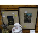 Two framed coloured etchings of continental street scenes