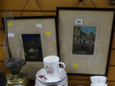 Two framed coloured etchings of continental street scenes