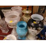 Parcel of decorative painted milk glass, table lamp & brass oil lamp